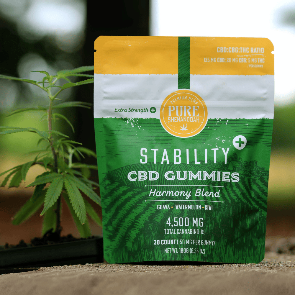 Pure Shenandoah Stability CBD gummies package beside a cannabis plant