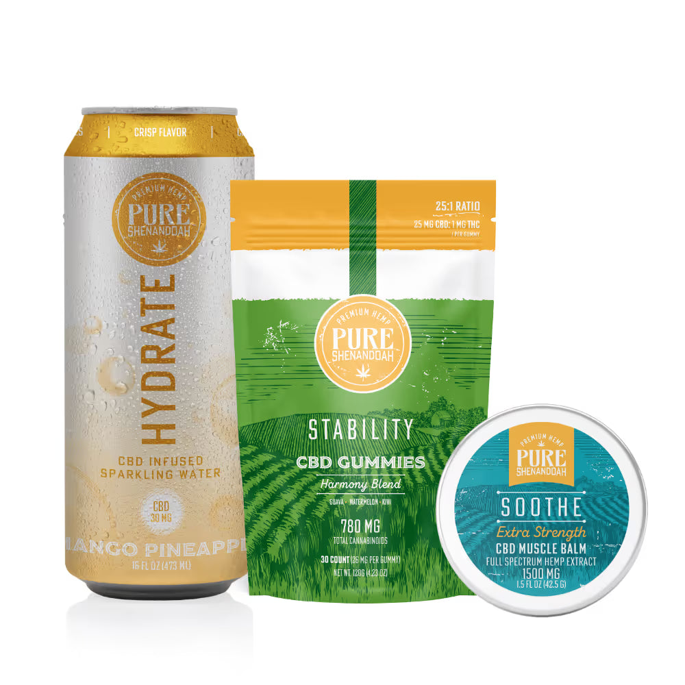 Hydrate beverage with Stability gummies and Soothe topical balm
