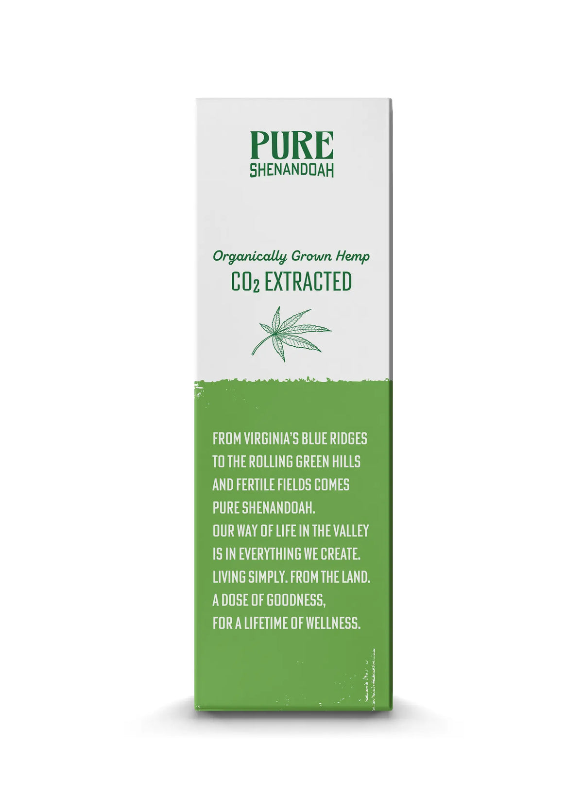 Pure Shenandoah Balance CBD Oil 750mg box left panel highlighting CO₂ extraction and brand story in green and white design.