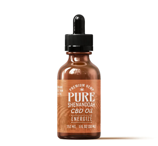 Pure Shenandoah Energize CBD Oil 750mg amber glass dropper bottle with orange label, part of the Energize CBD tincture line.