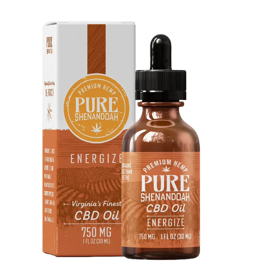 Pure Shenandoah Energize CBD Oil 750mg with amber glass dropper bottle and matching orange box, labeled as Virginia’s Finest CBD Oil.