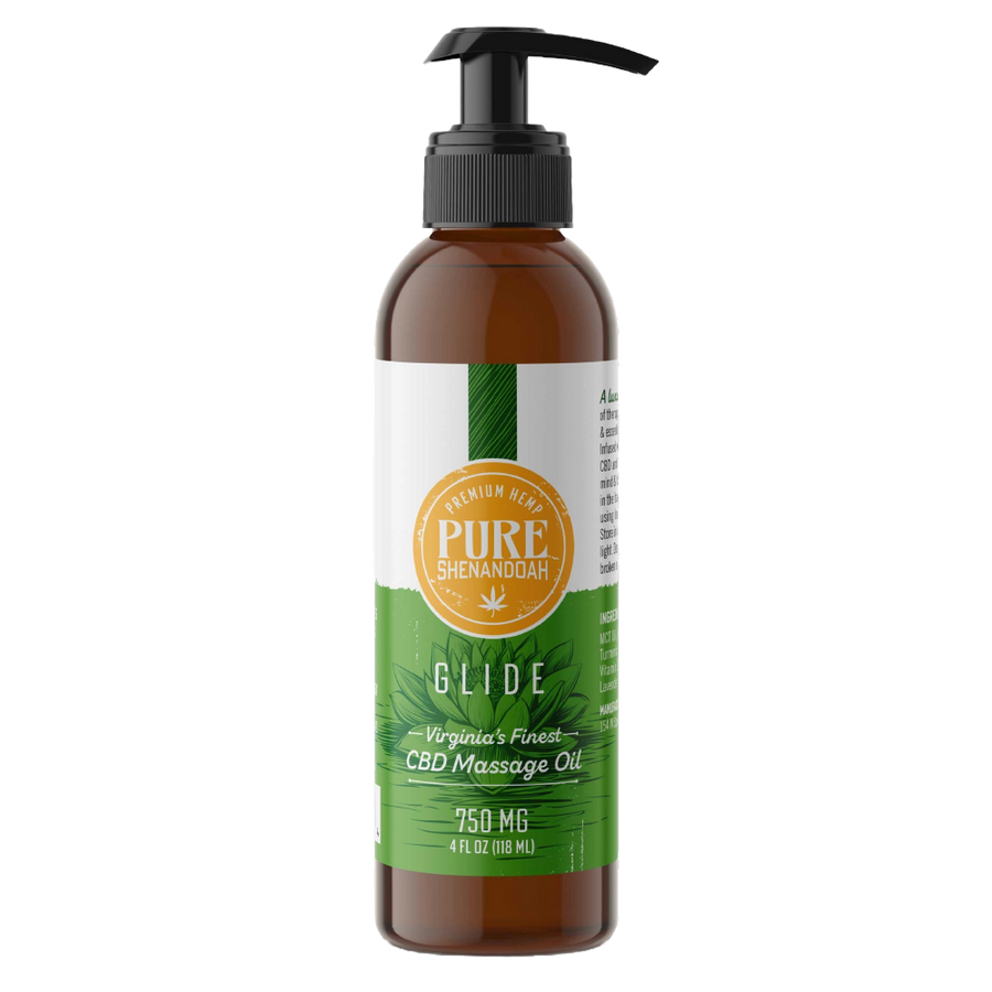 Pure Shenandoah Glide CBD Massage Oil, 750 mg, 4 fl oz pump bottle with green label design.