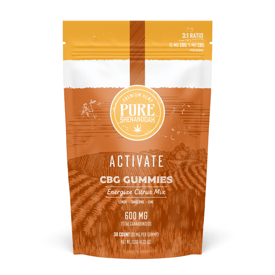Front view of Pure Shenandoah Activate CBG Gummies pouch, 30-count Energize Citrus Mix with lemon, tangerine, and lime flavors, labeled 600 mg total cannabinoids (20 mg per gummy).