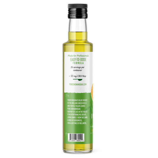 Back label of Pure Shenandoah Infuse CBD Olive Oil 250 ml bottle, showing dosage information, serving size, and ingredient details.