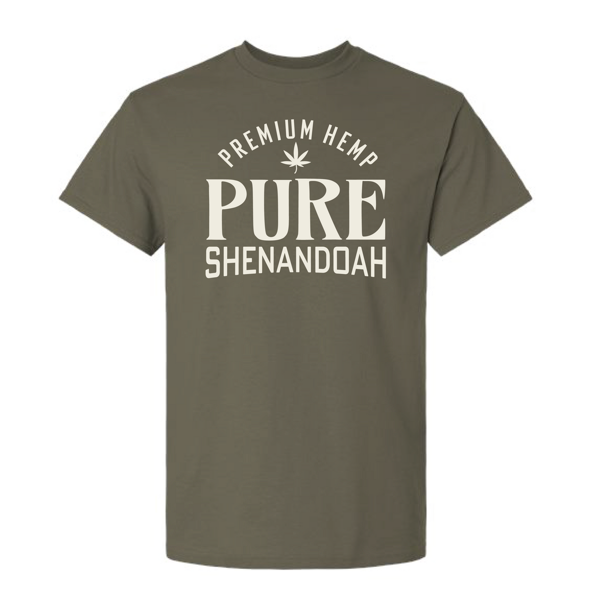 Olive green Pure Shenandoah t-shirt with Premium Hemp logo and text on the front.