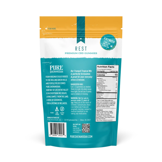 Back packaging of Pure Shenandoah Rest CBD Gummies 30 count, showing nutrition facts, suggested use, product details, and manufacturer information.