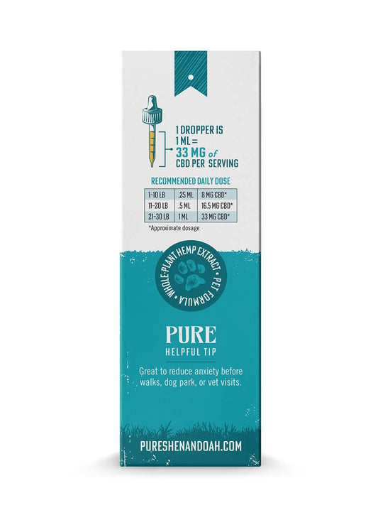 Back view of Pure Shenandoah Tame Pet CBD Oil 1000mg box, showing dosage chart, serving information, and product details.