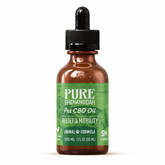 Pure Shenandoah Relief & Mobility Pet CBD Oil bottle centered on a white background.