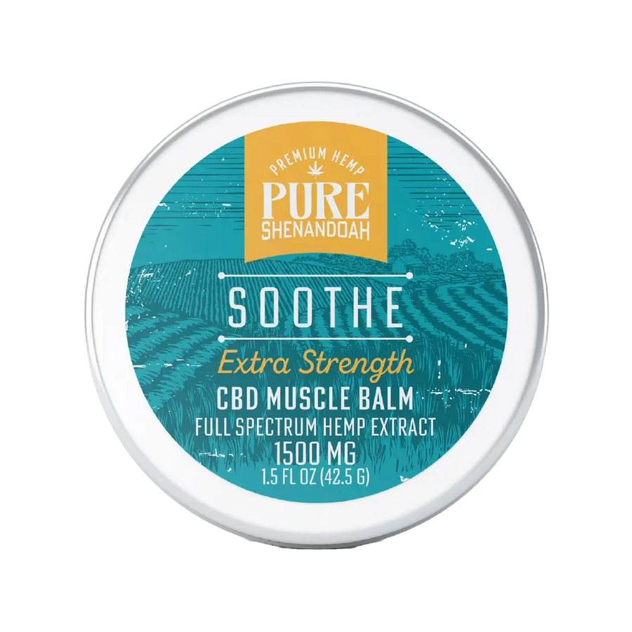 Pure Shenandoah Soothe CBD Muscle Balm front label, extra strength 1500 mg full spectrum hemp extract in a 1.5 oz round container.