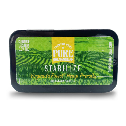 Pure Shenandoah Stabilize Pre-Rolls tin, green and yellow packaging labeled "Virginia’s Finest Hemp Prerolls," 10-pack of 0.5 g hemp pre-rolls.