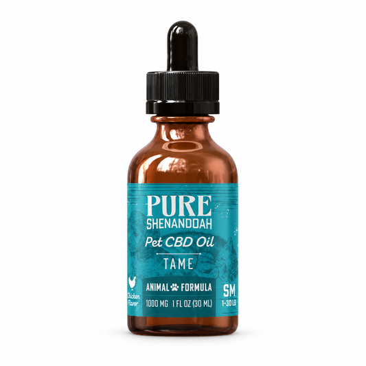 Pure Shenandoah Tame Pet CBD Oil bottle centered on a white background.