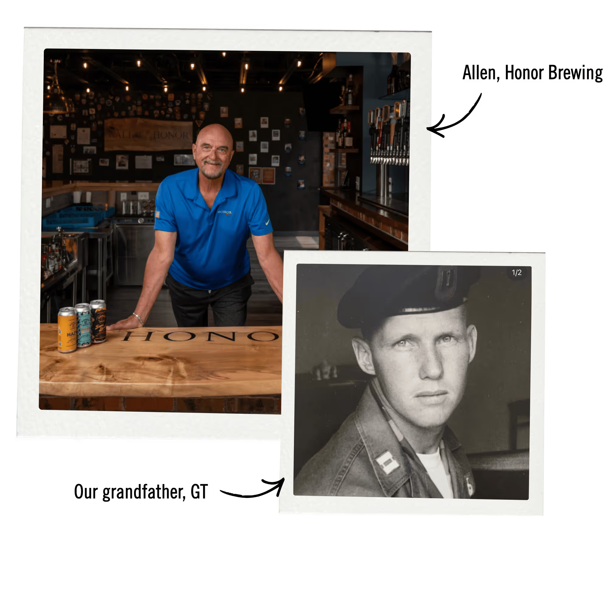 Allen of Honor Brewing behind the taproom bar, and a black-and-white portrait of our grandfather GT in uniform