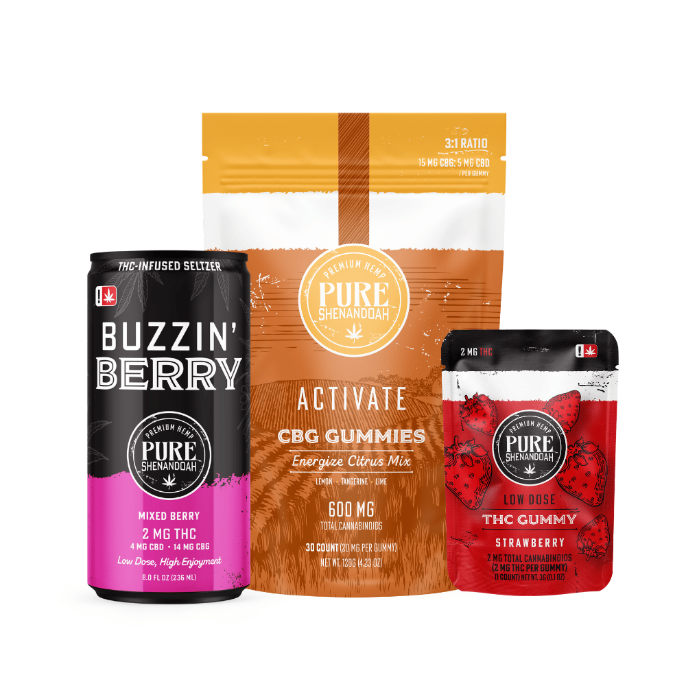 Pure Shenandoah THC seltzer and gummy assortment on white