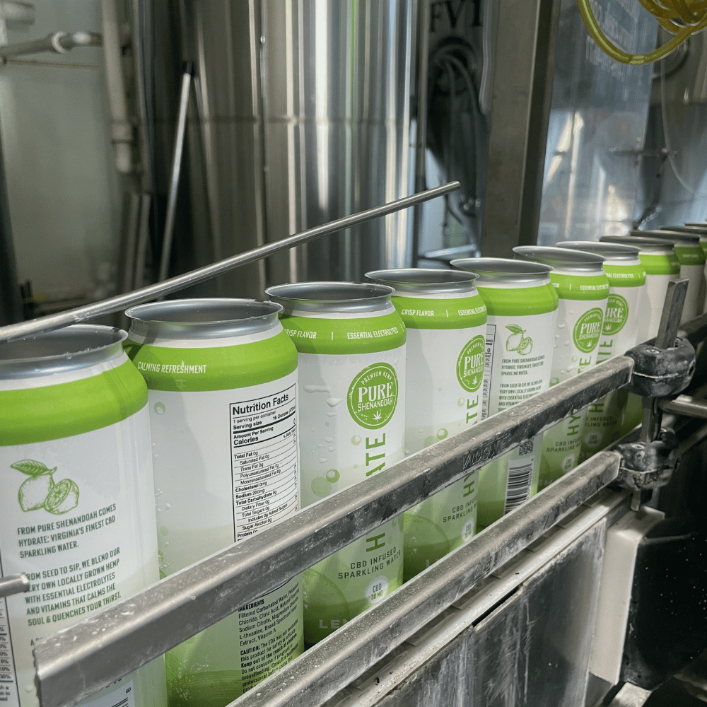 Cans of infused beverages moving along a production line