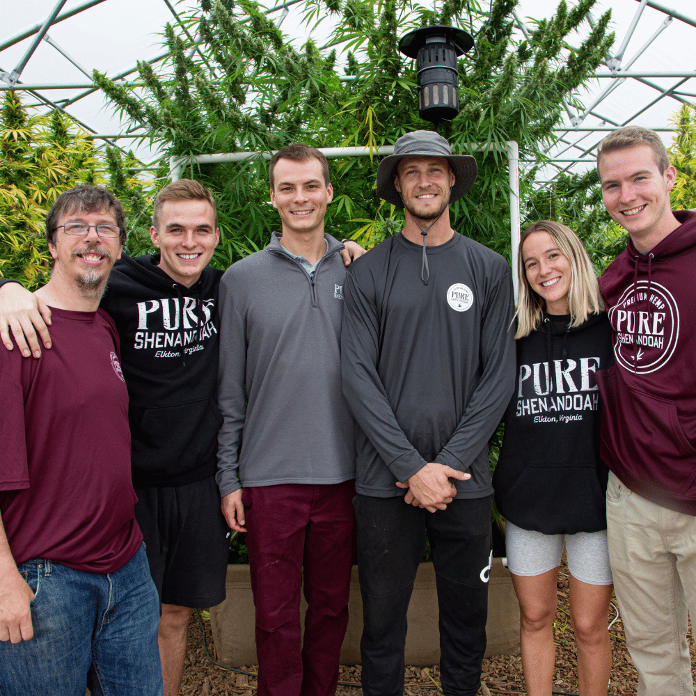 Pure Shenandoah founders and team members together inside a greenhouse
