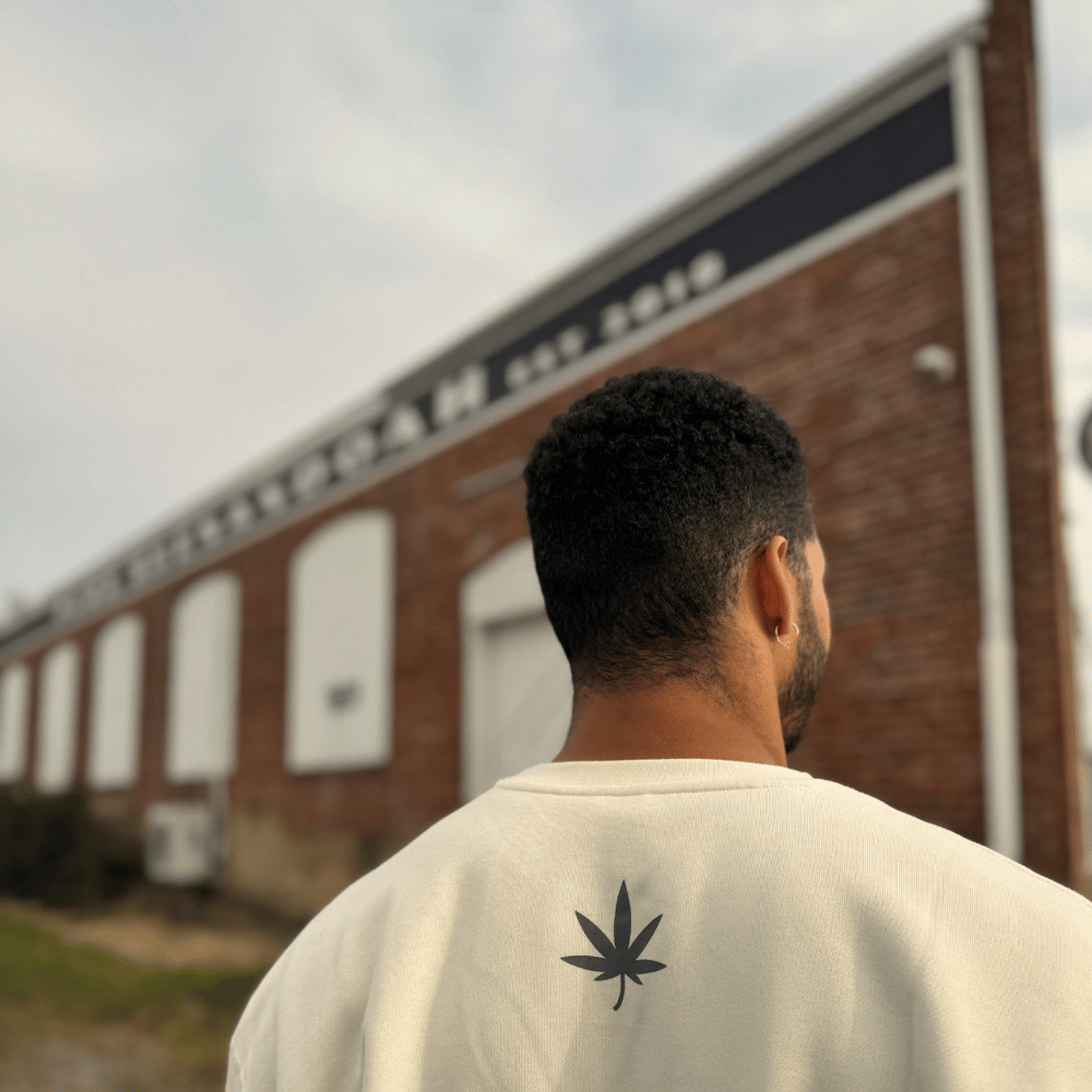 Person in a cannabis-leaf shirt looking toward the historic Elkton hemp building