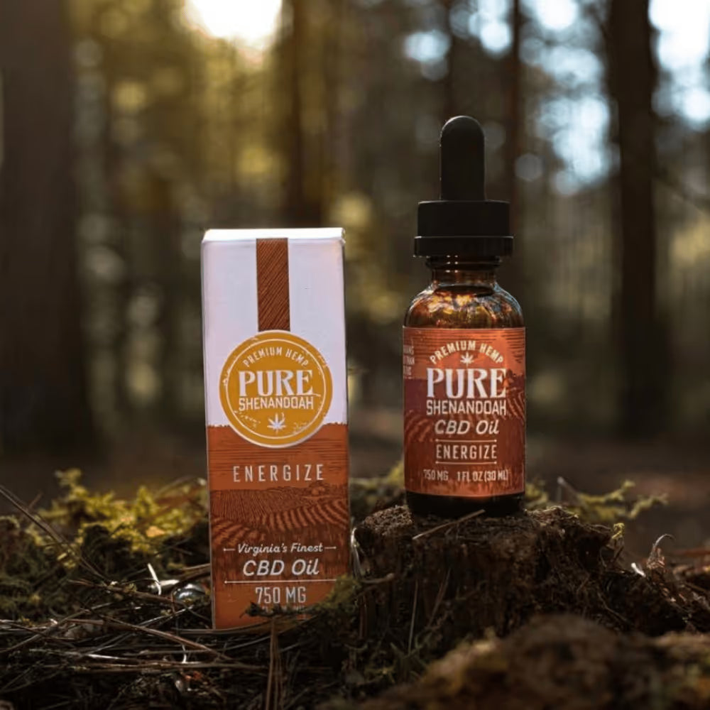 Calm CBD oil bottle and box resting on forest ground