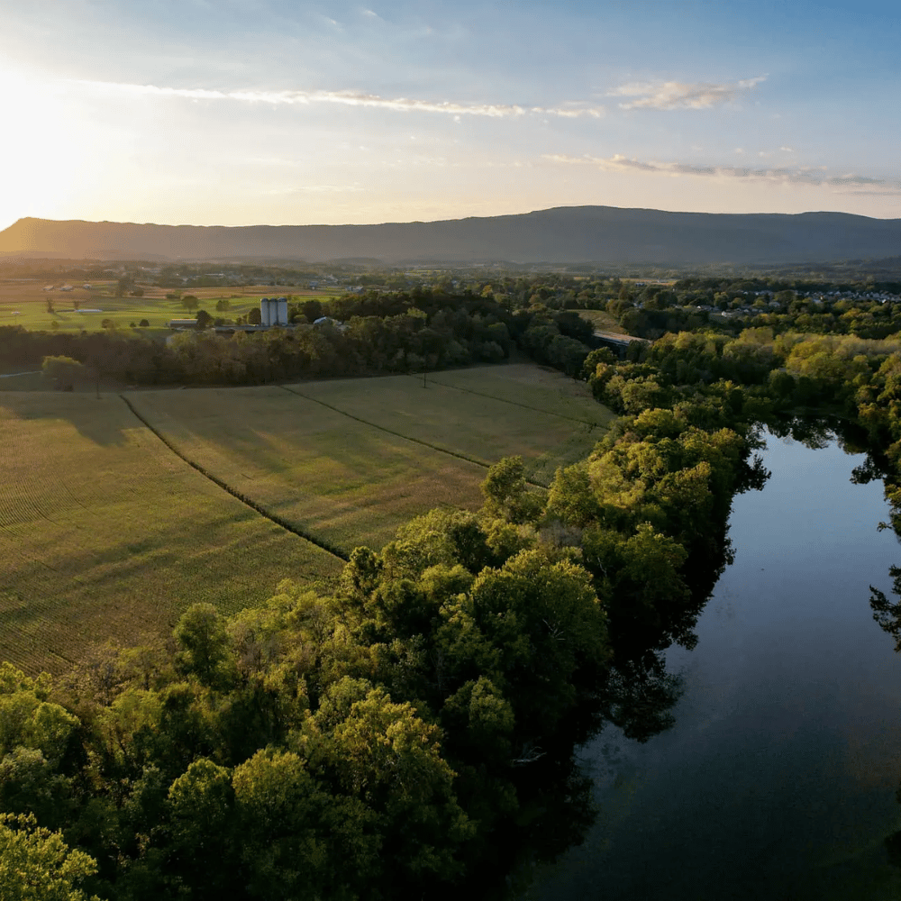 Aerial view of farmland along the Shenandoah River in Rockingham County