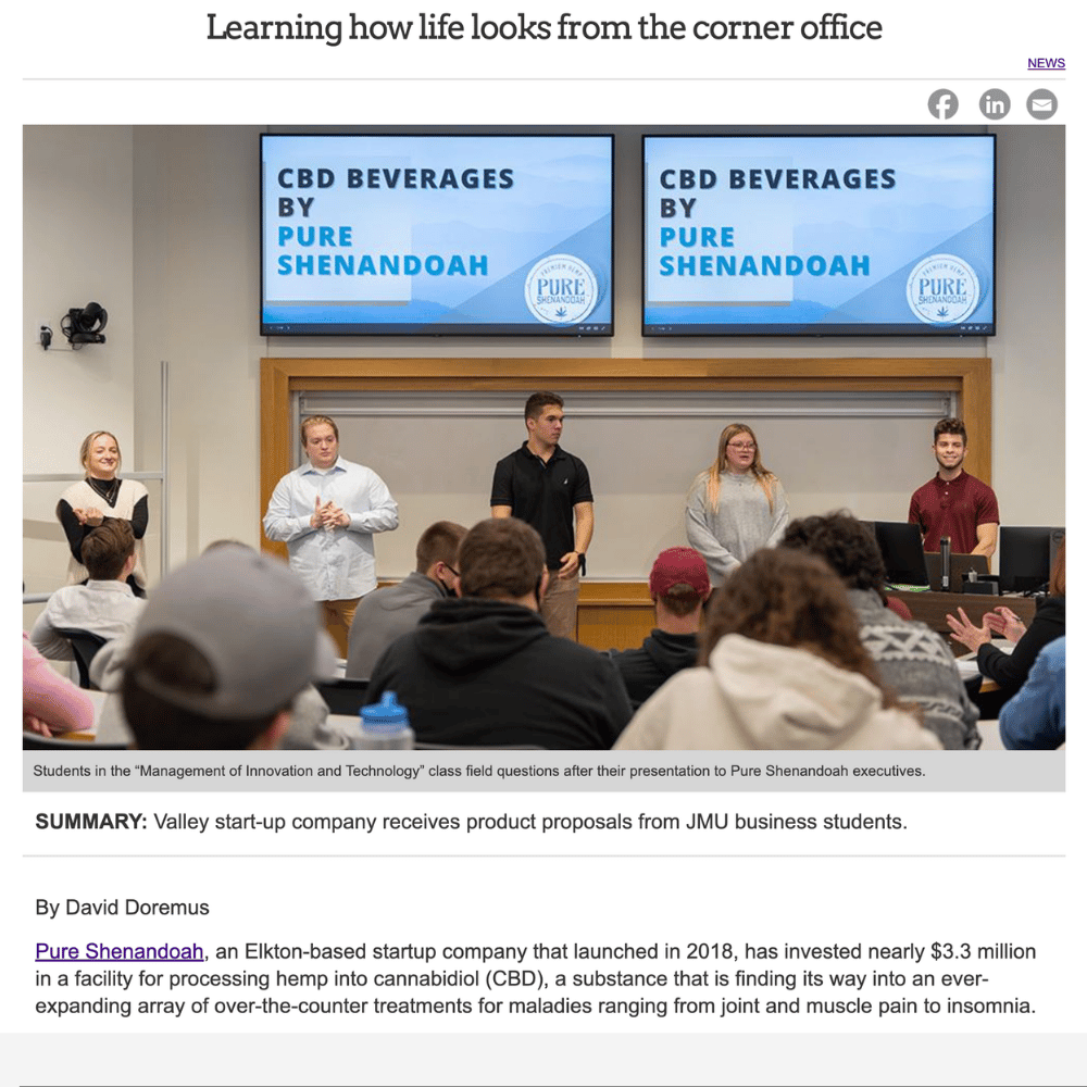 JMU College of Business panel with Pure Shenandoah leaders speaking to students