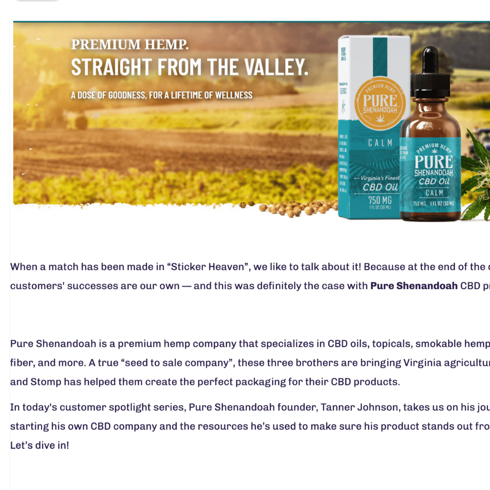 Pure Shenandoah CBD oil products featured in a Stomp Stickers customer profile