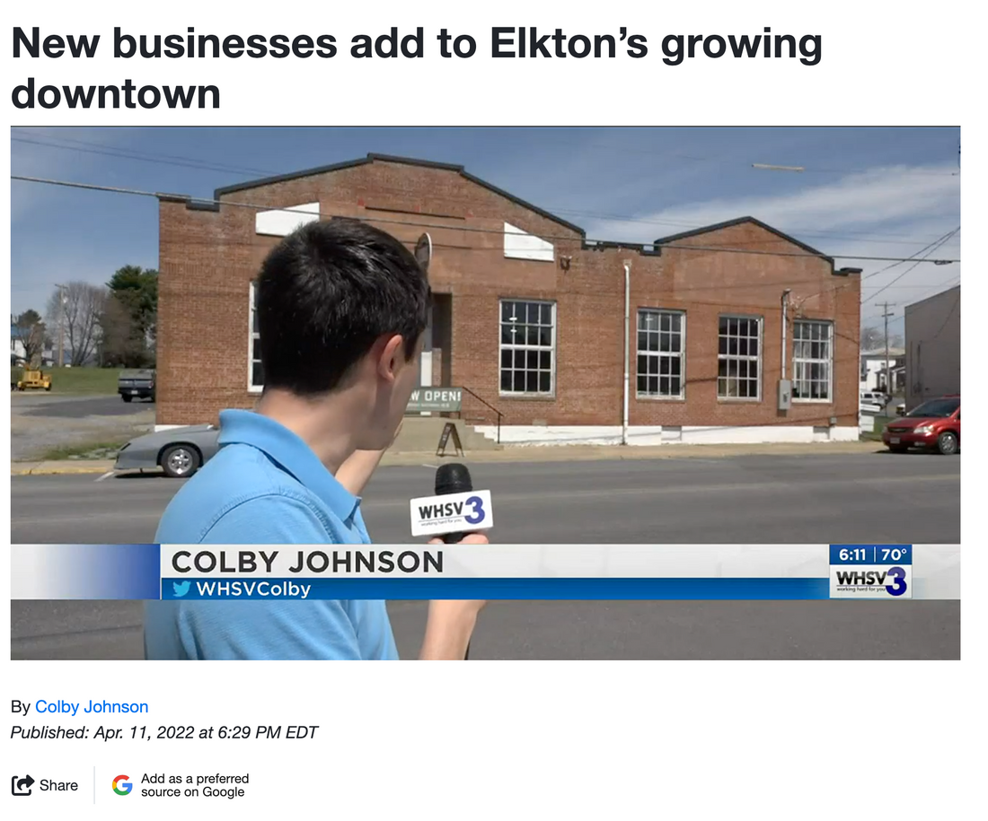 WHSV report showing a brick commercial building in downtown Elkton