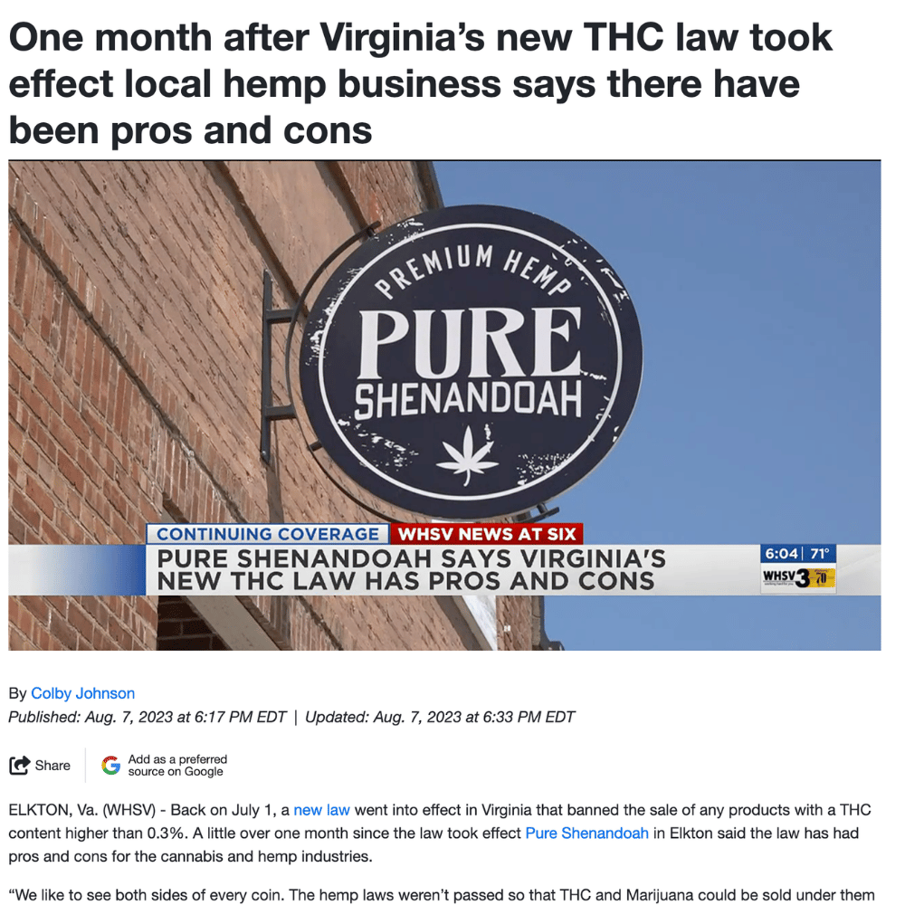 WHSV coverage showing the Pure Shenandoah storefront sign after Virginia’s THC law changed