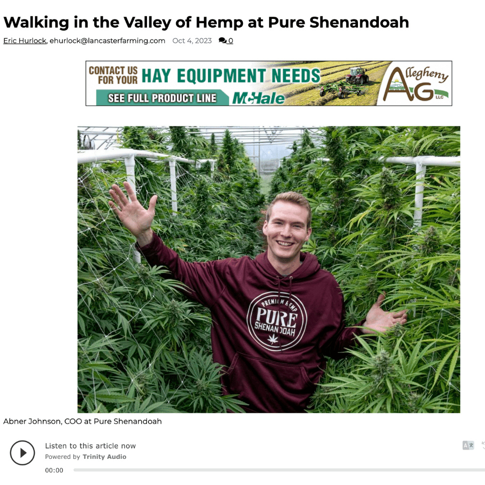 Lancaster Farming feature showing Tanner Johnson among greenhouse hemp plants