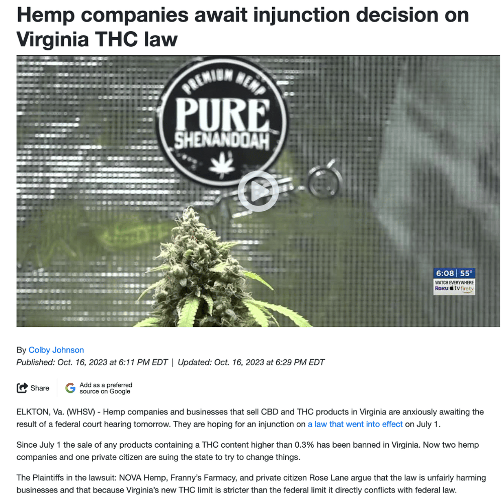 WHSV coverage of Pure Shenandoah and Virginia hemp-law litigation