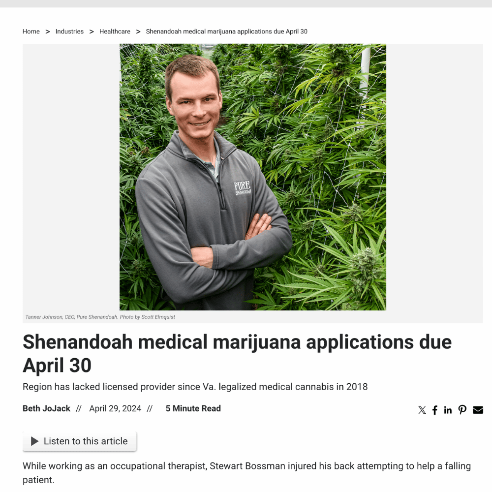 Virginia Business profile of Tanner Johnson standing in a hemp greenhouse