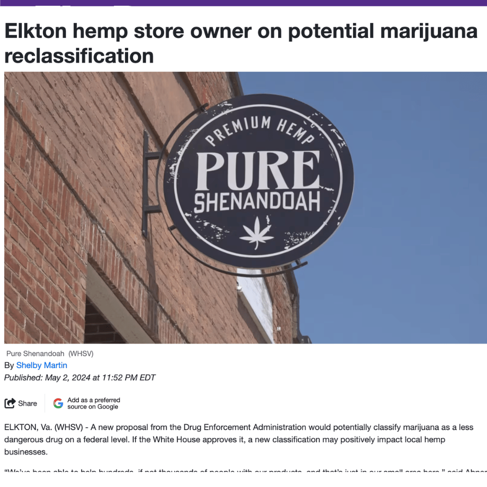 Pure Shenandoah storefront sign featured in WHSV marijuana reclassification coverage