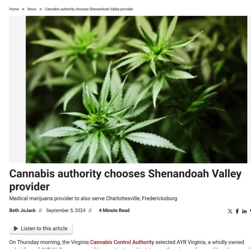 Virginia Business coverage showing cannabis plants growing in a greenhouse