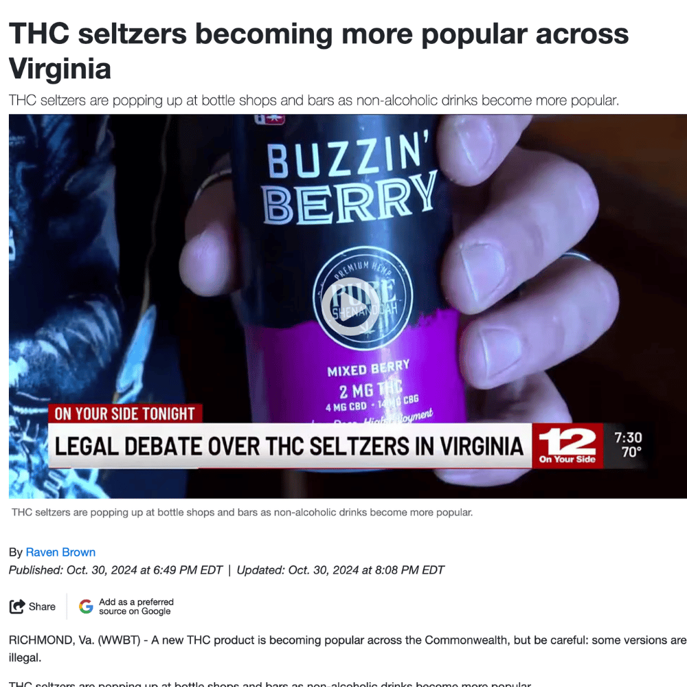 12 On Your Side coverage showing a hand holding a Buzzin Berry THC seltzer