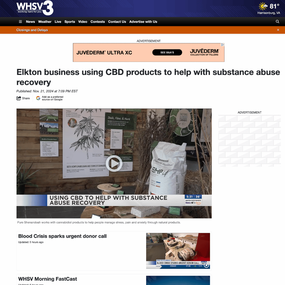 WHSV coverage of Pure Shenandoah products used in substance-abuse recovery