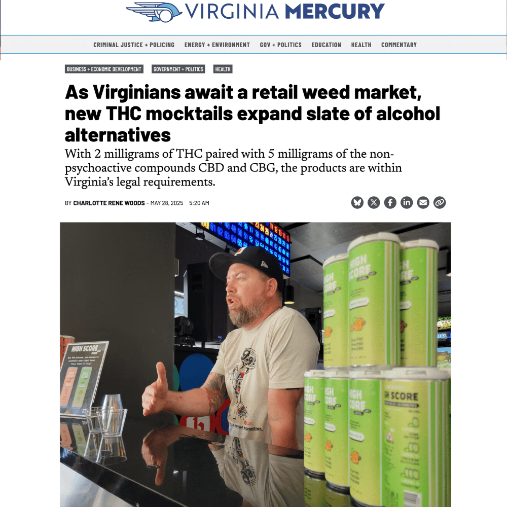 Virginia Mercury article showing Tanner Johnson beside a display of THC seltzers