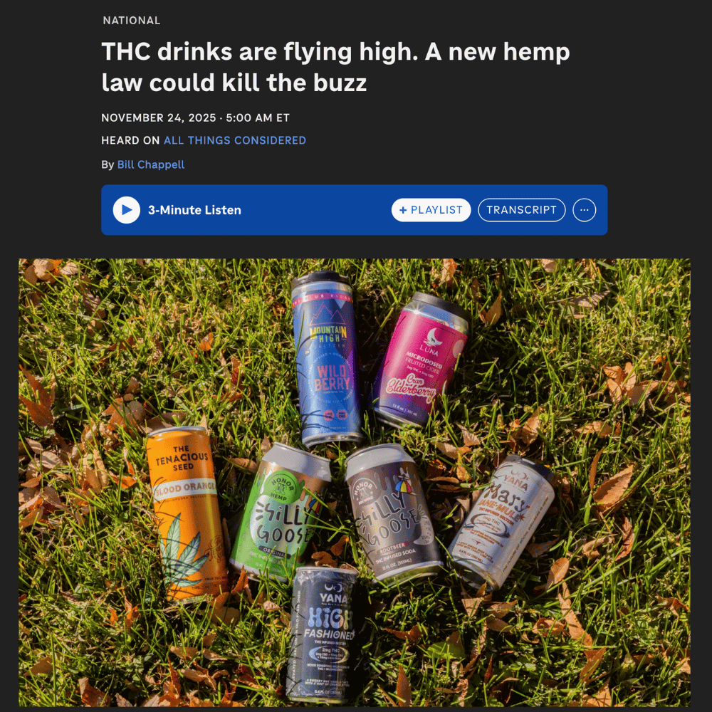 NPR feature showing assorted THC beverage cans arranged on grass