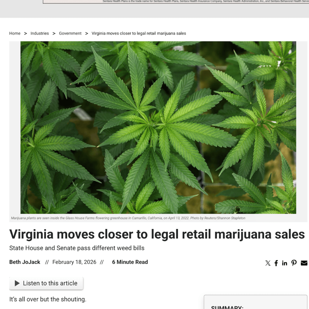 Virginia Business article on legal retail marijuana sales with cannabis leaves