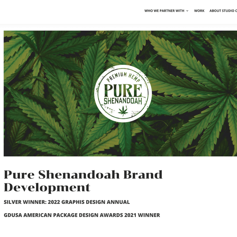 Pure Shenandoah brand identity graphic layered over green hemp leaves