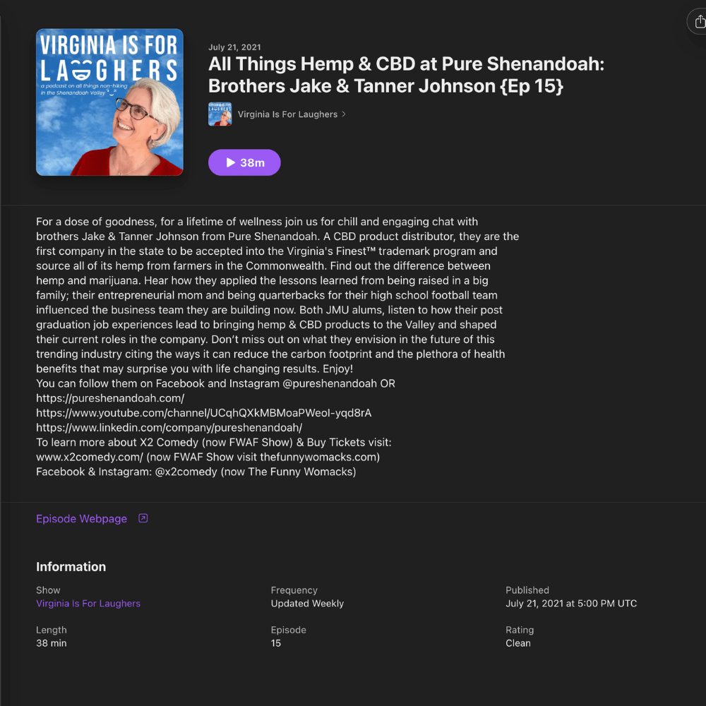 Virginia Is For Laughers podcast page featuring Jake and Tanner Johnson discussing hemp and CBD