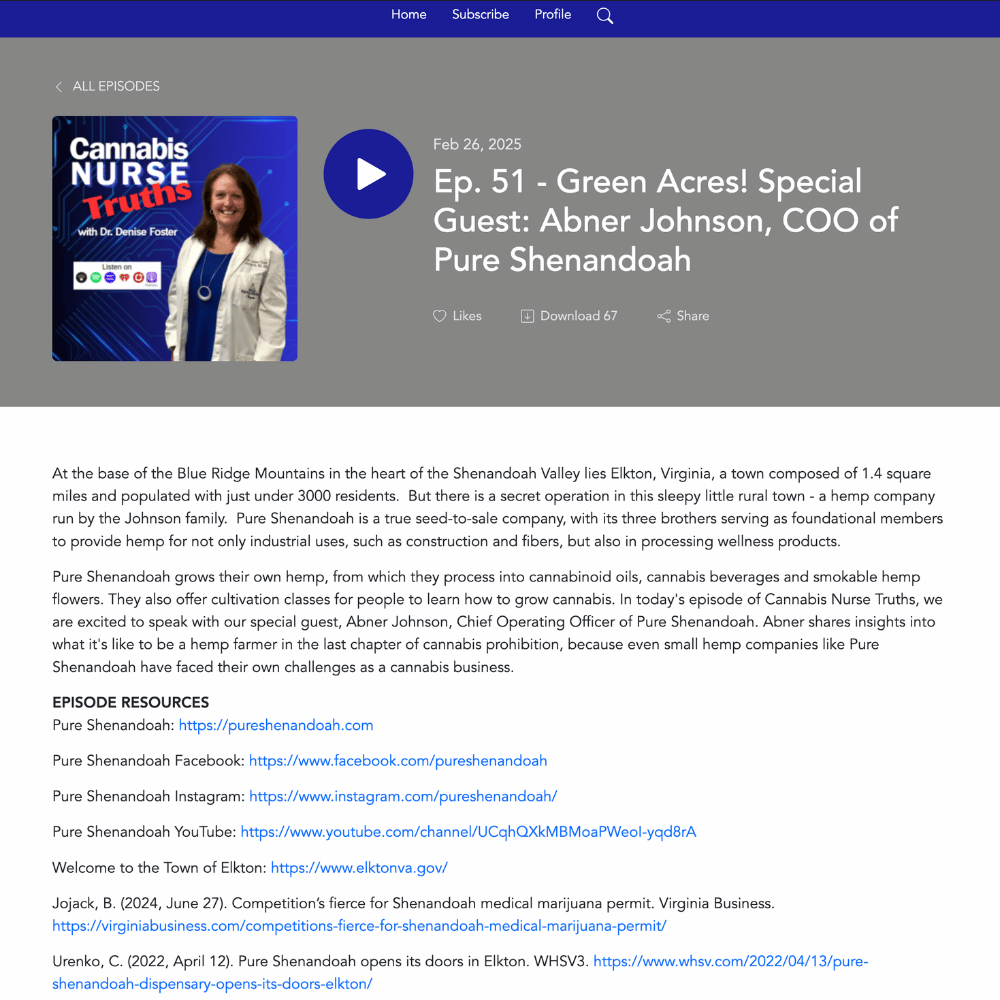 Cannabis Nurse Truths podcast page featuring Pure Shenandoah COO Abner Johnson