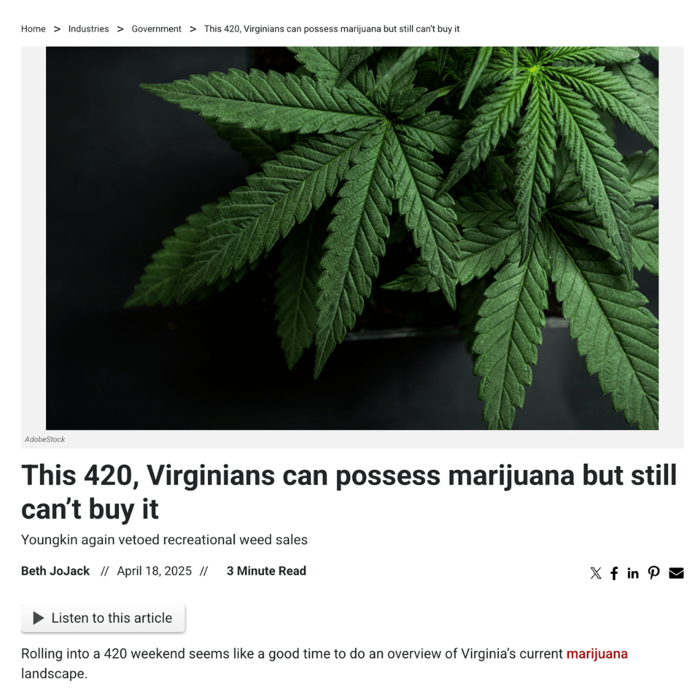 Virginia Business article about marijuana possession with cannabis leaves
