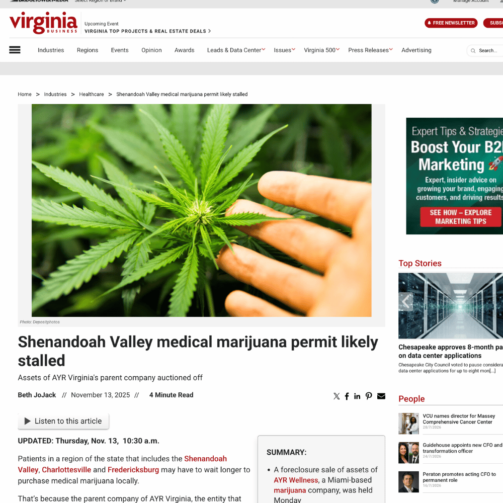 Virginia Business article about a stalled permit with cannabis leaves