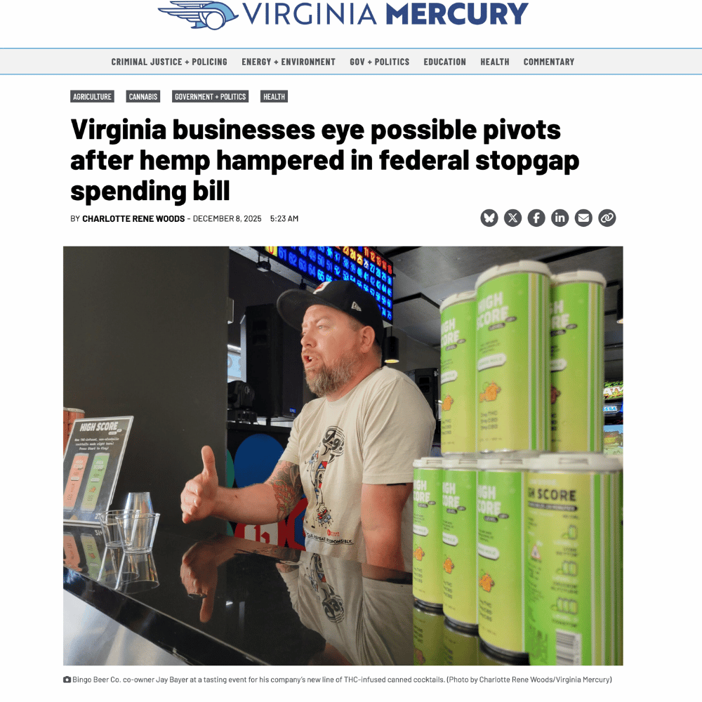 Virginia Mercury article showing Tanner Johnson beside THC seltzer cases