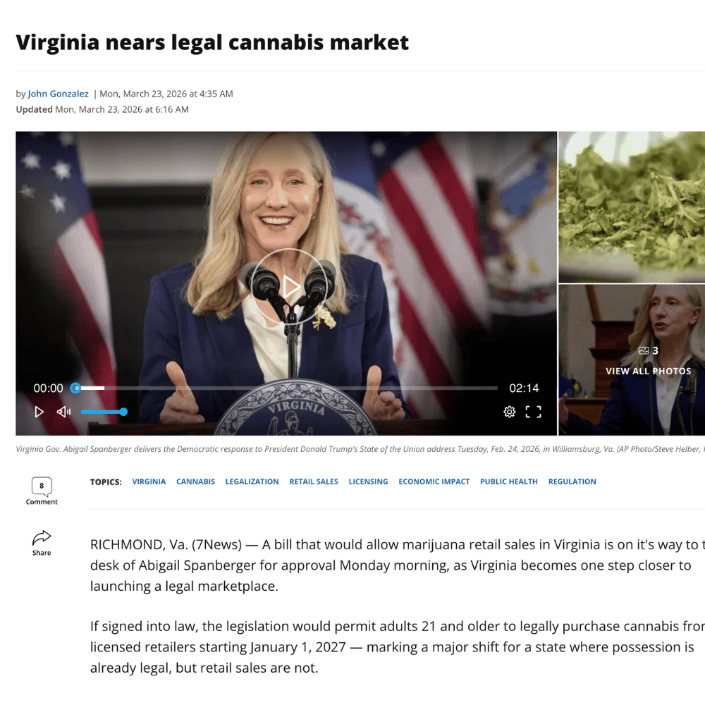 7News coverage showing Abigail Spanberger speaking about Virginia cannabis sales
