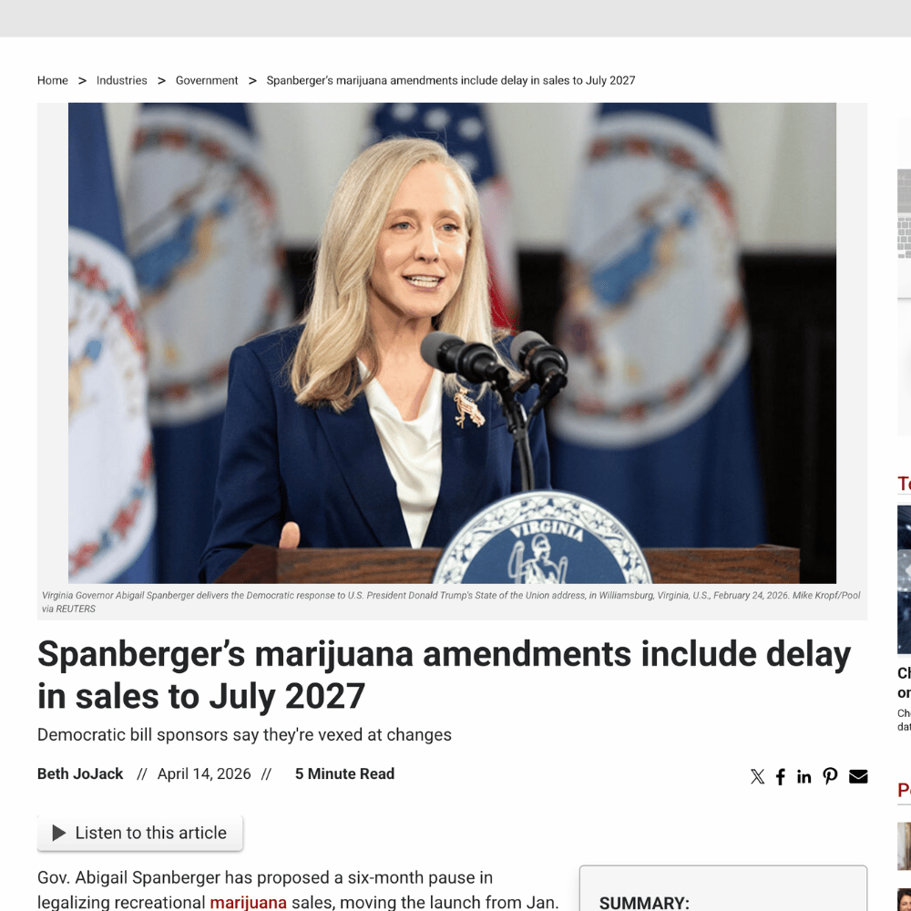 Governor Abigail Spanberger speaking at a podium about the July 2027 sales delay