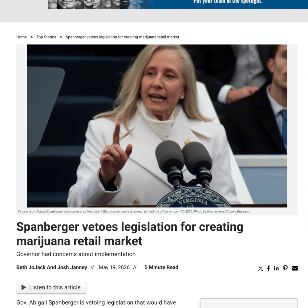 Governor Abigail Spanberger speaking at a podium about marijuana legislation