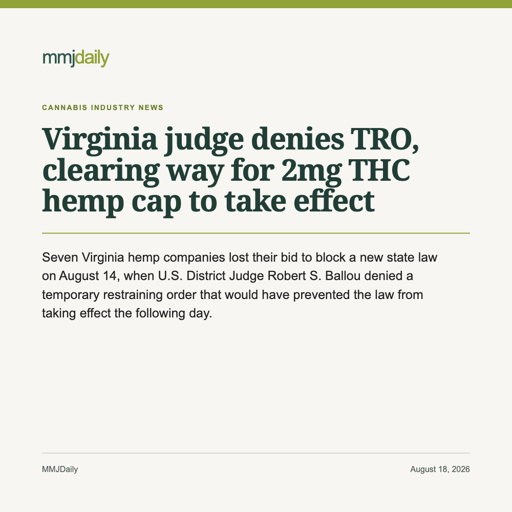 Virginia Judge Denies TRO, Clearing Way for 2mg THC Hemp Cap to Take Effect