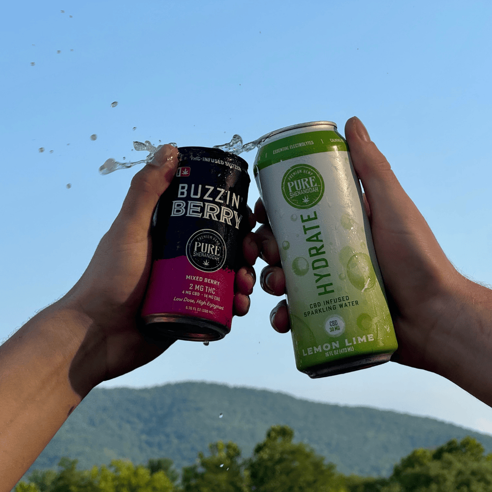 Hands raising Buzzin Berry and Hydrate cans over the Shenandoah Valley
