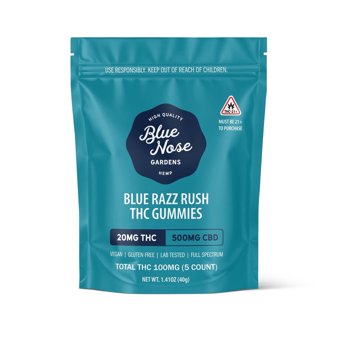 Blue Nose Blue Razz Rush THC gummies package