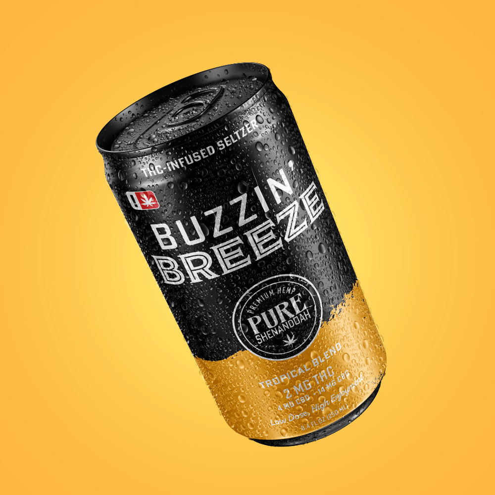 Buzzin Breeze THC seltzer can on a golden yellow background