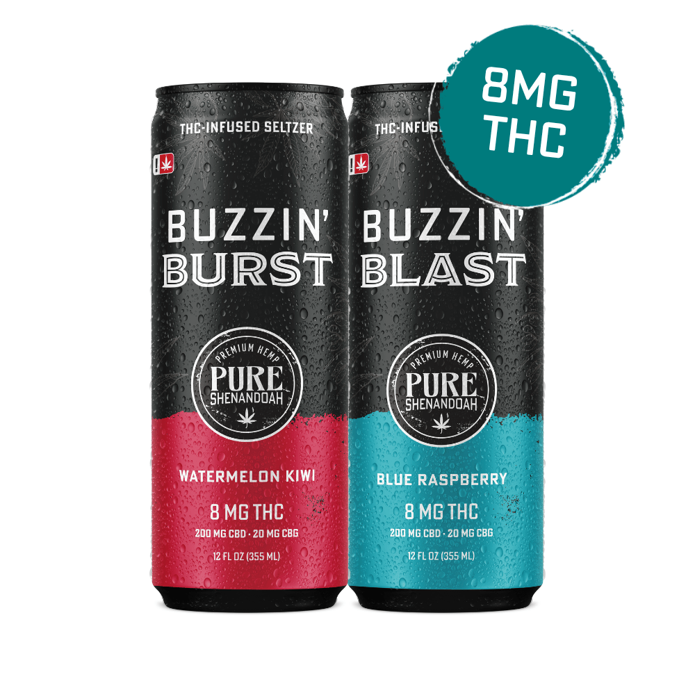 Buzzin Burst and Buzzin Blast 8 mg THC seltzer cans
